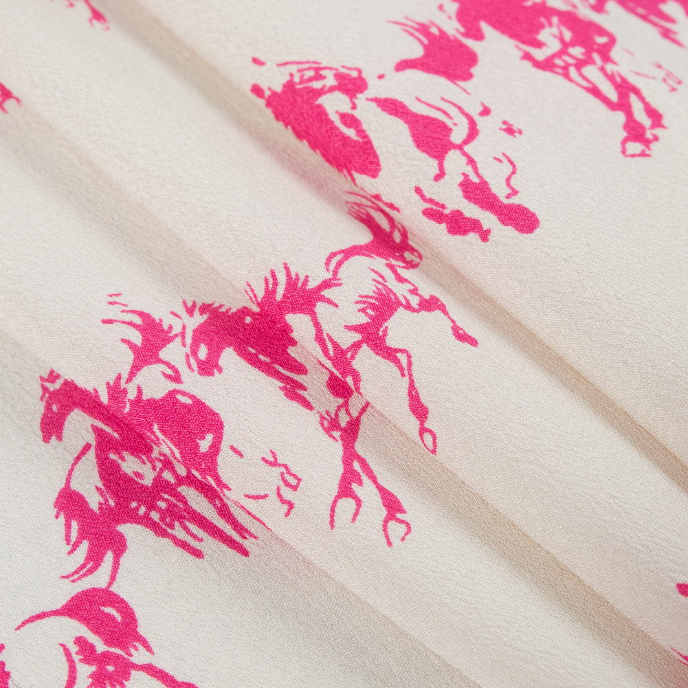 Beige/Pink Rows of Horses Printed on a Crepe de Chine Folded