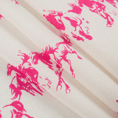 Beige/Pink Rows of Horses Printed on a Crepe de Chine Folded