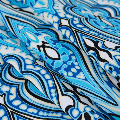 Blue Atoll/Dazzling Blue/White Abstract Stretch Cotton Sateen Detail
