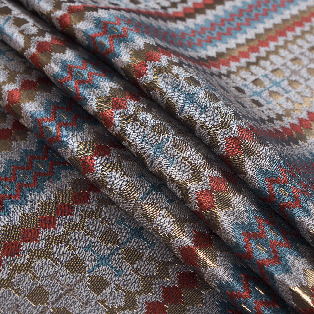 Italian Metallic Gold, Orange and Blue Geometric Brocade Folded