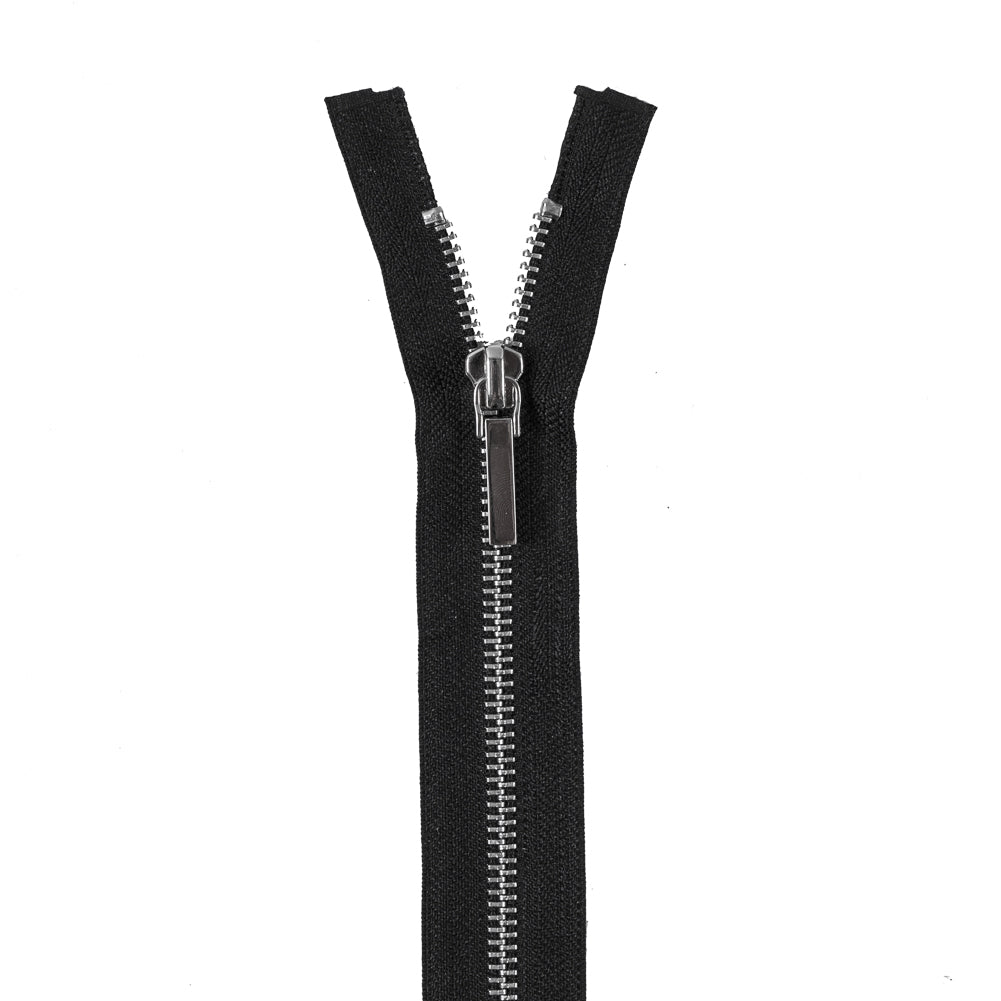 Black Metal Separating Zipper with Silver Pull and Teeth - 21"
