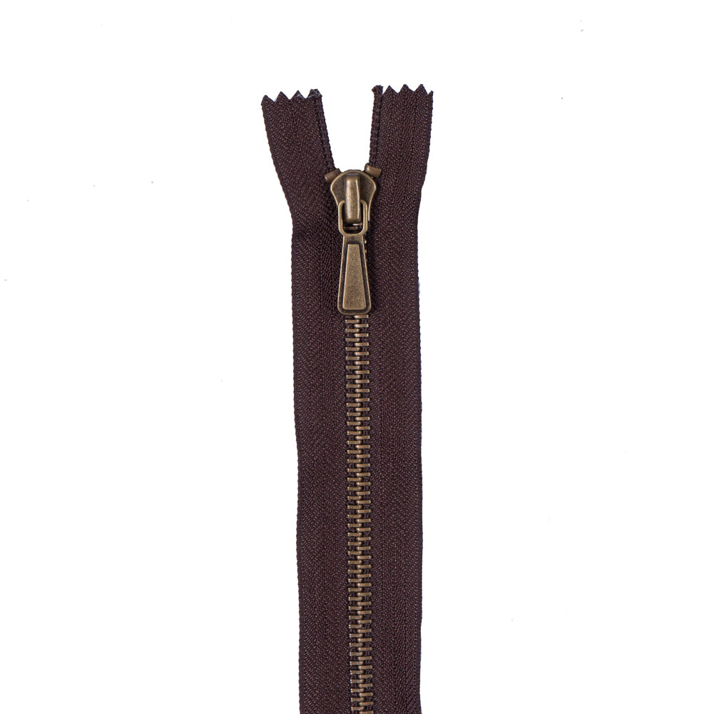 Dark Brown Metal Zipper with Antique Gold Pull and Teeth - 5"