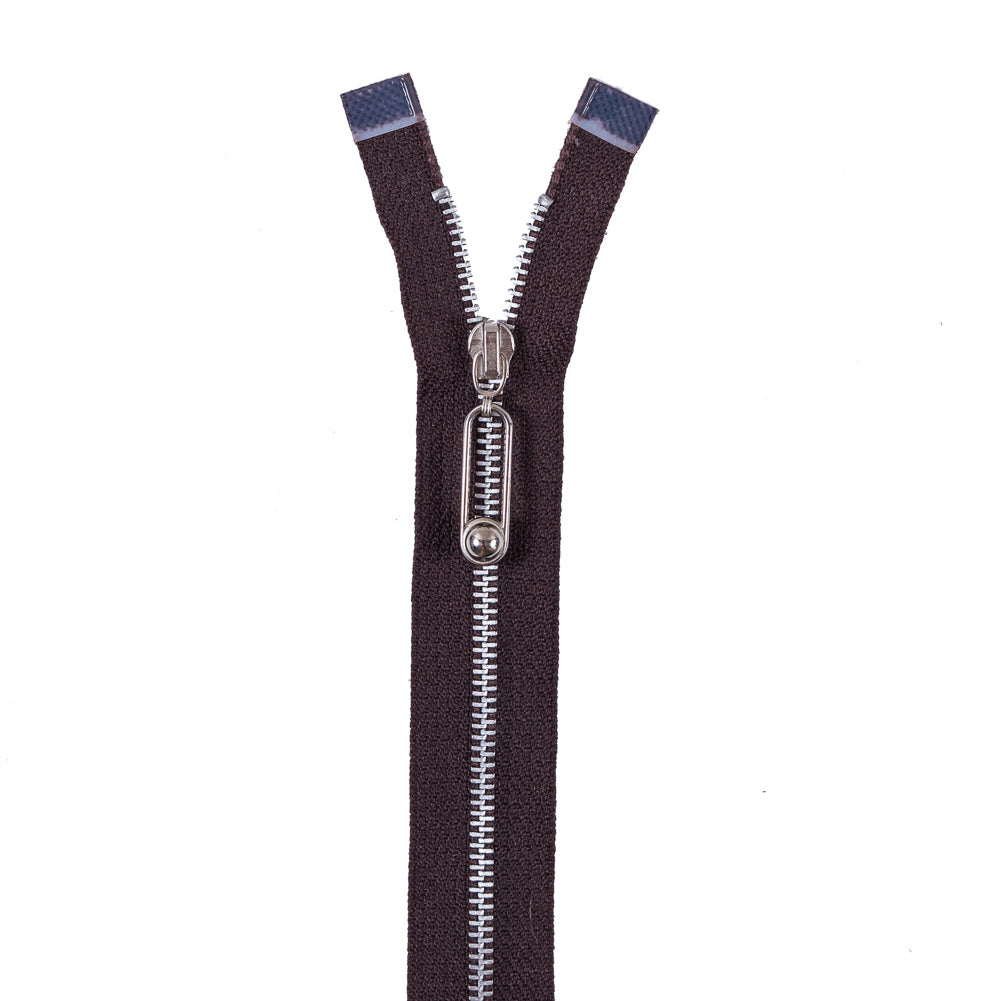 Brown Metal Separating Zipper with Silver Teeth and Pull -16"