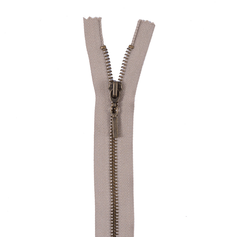 Tan Metal Separating Zipper with Antique Gold Pull and Teeth - 22"
