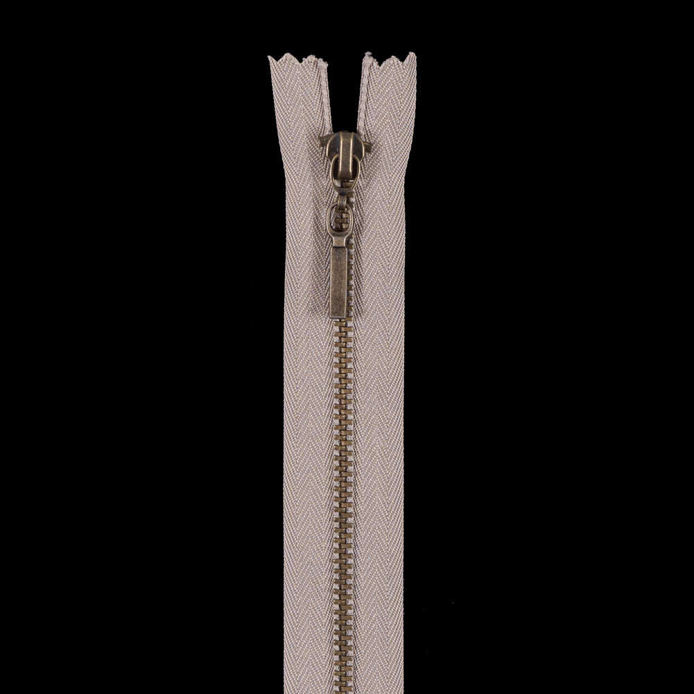 Beige Metal Zipper with Antique Gold Pull and Teeth - 6"