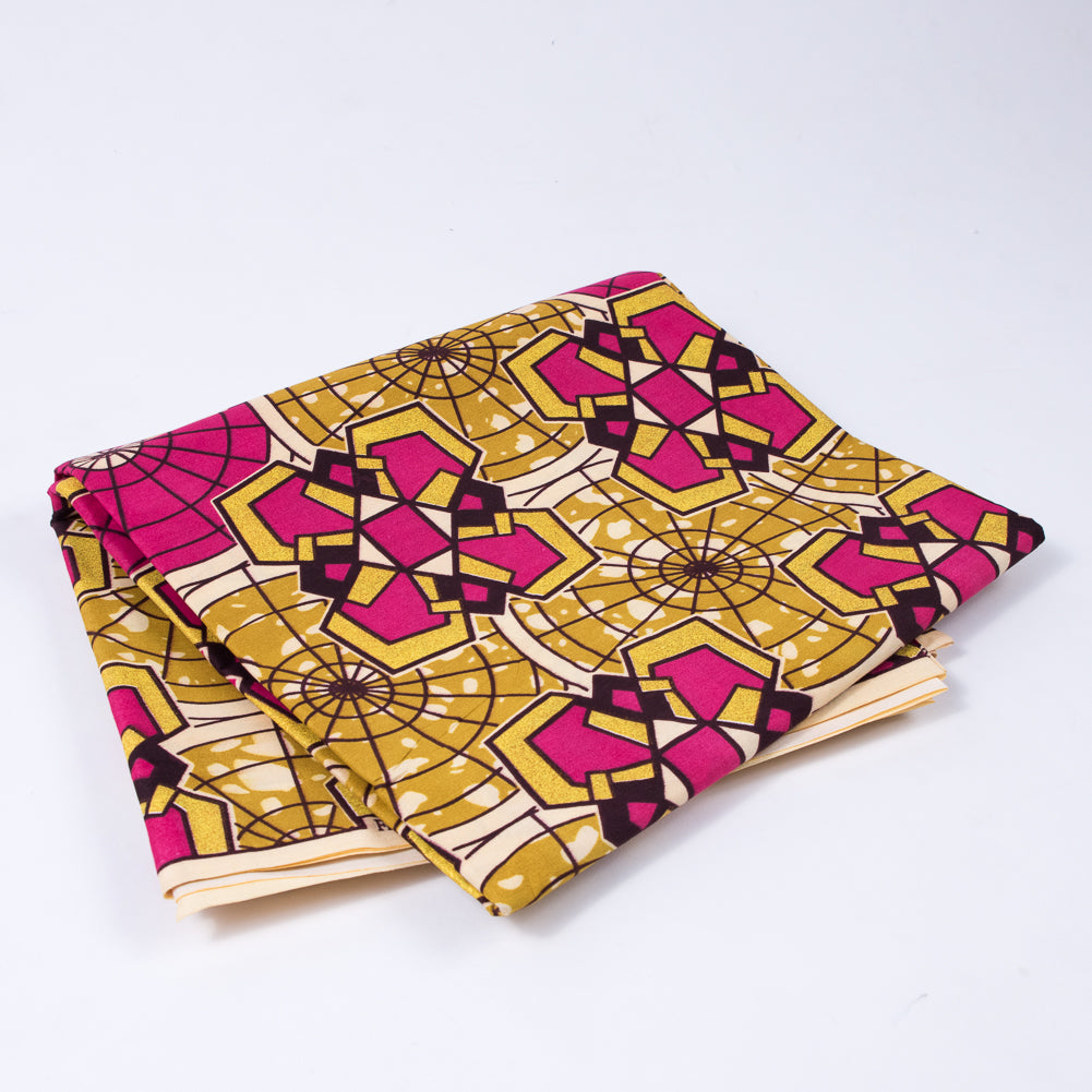 Raspberry Sorbet and Tawny Olive Waxed Cotton African Print with Gold Metallic Glitter