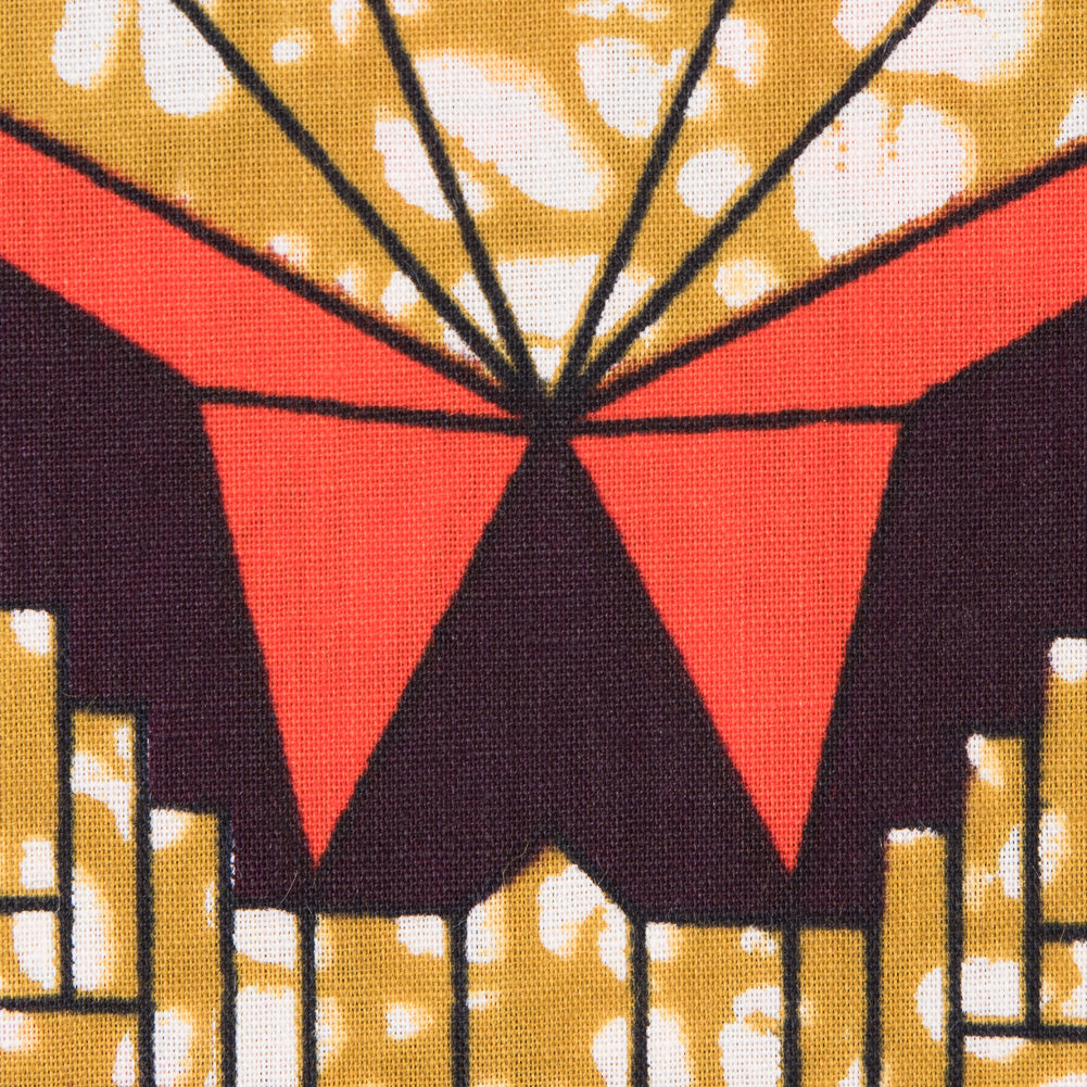 Mandarin Red and Tinsel Geometric Waxed Cotton African Print Detail