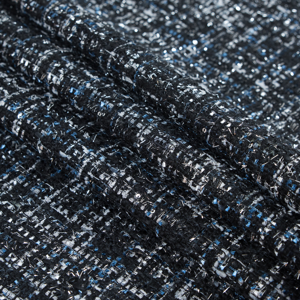 Black and Bright Cobalt Polyester Tweed with Silver Metallic Shimmer Detail