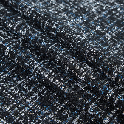 Black and Bright Cobalt Polyester Tweed with Silver Metallic Shimmer Detail