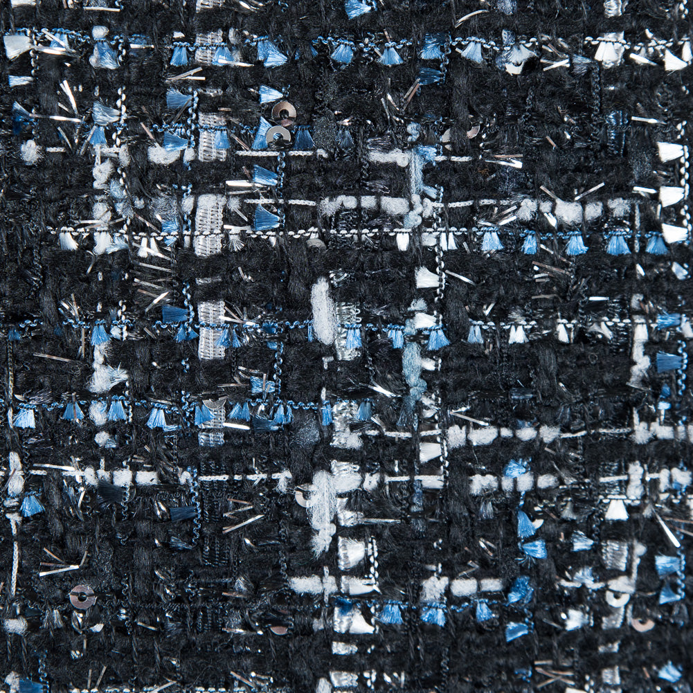 Black and Bright Cobalt Polyester Tweed with Silver Metallic Shimmer Full