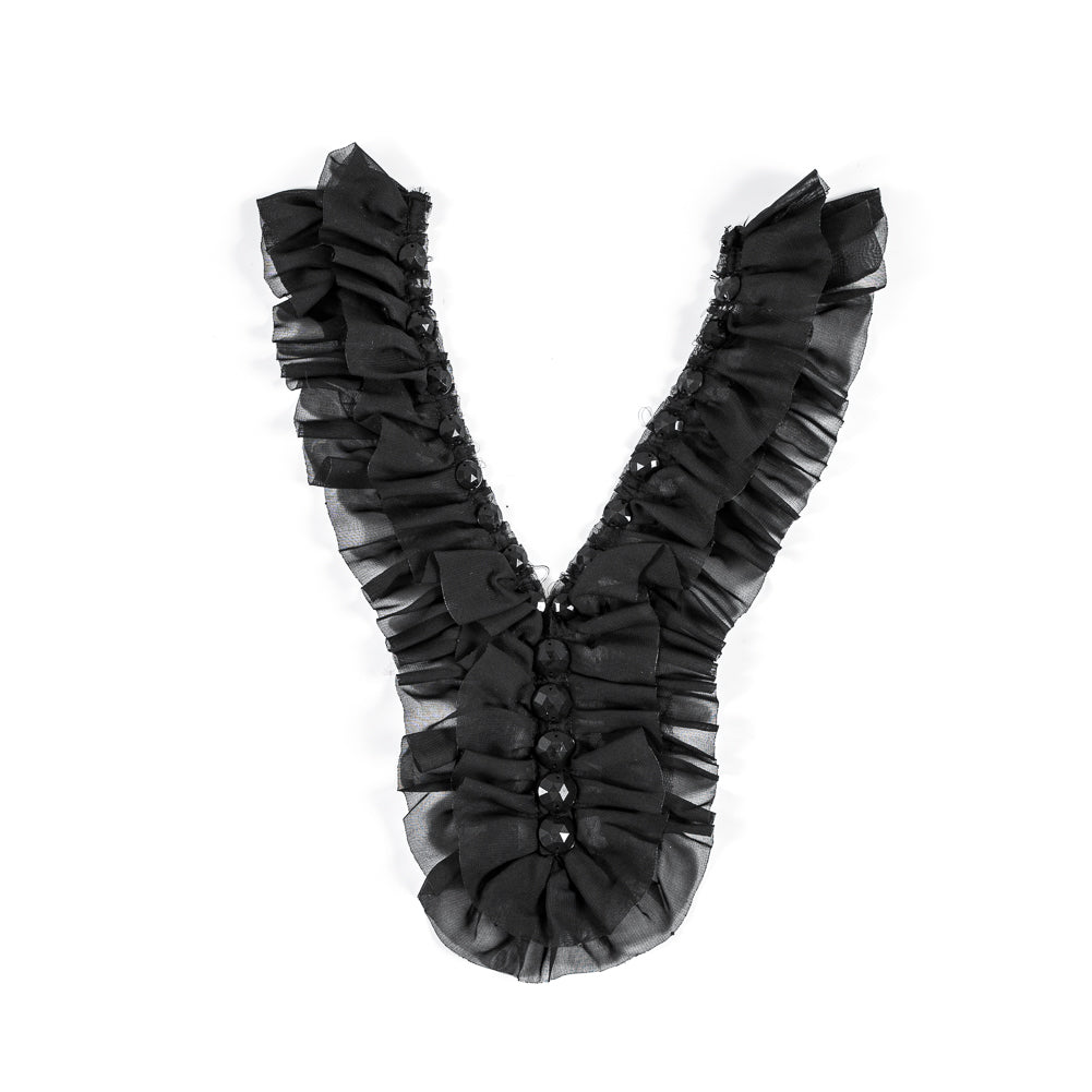 Black Chiffon Beaded Neckline Applique - 14" x 6"