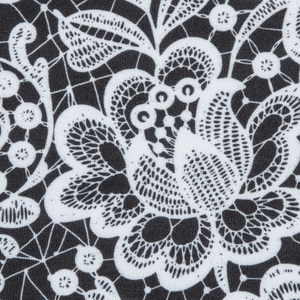 White and Black Floral Lace Printed Stretch Neoprene/Scuba Knit Detail