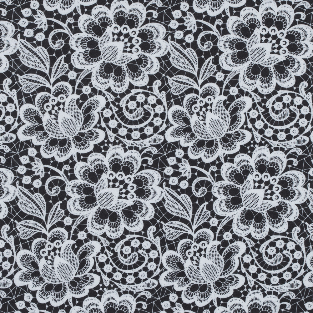 White and Black Floral Lace Printed Stretch Neoprene/Scuba Knit