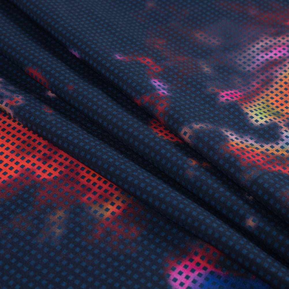 Navy and Multicolor Abstract Watercolor and Checkered Viscose Print - Detail