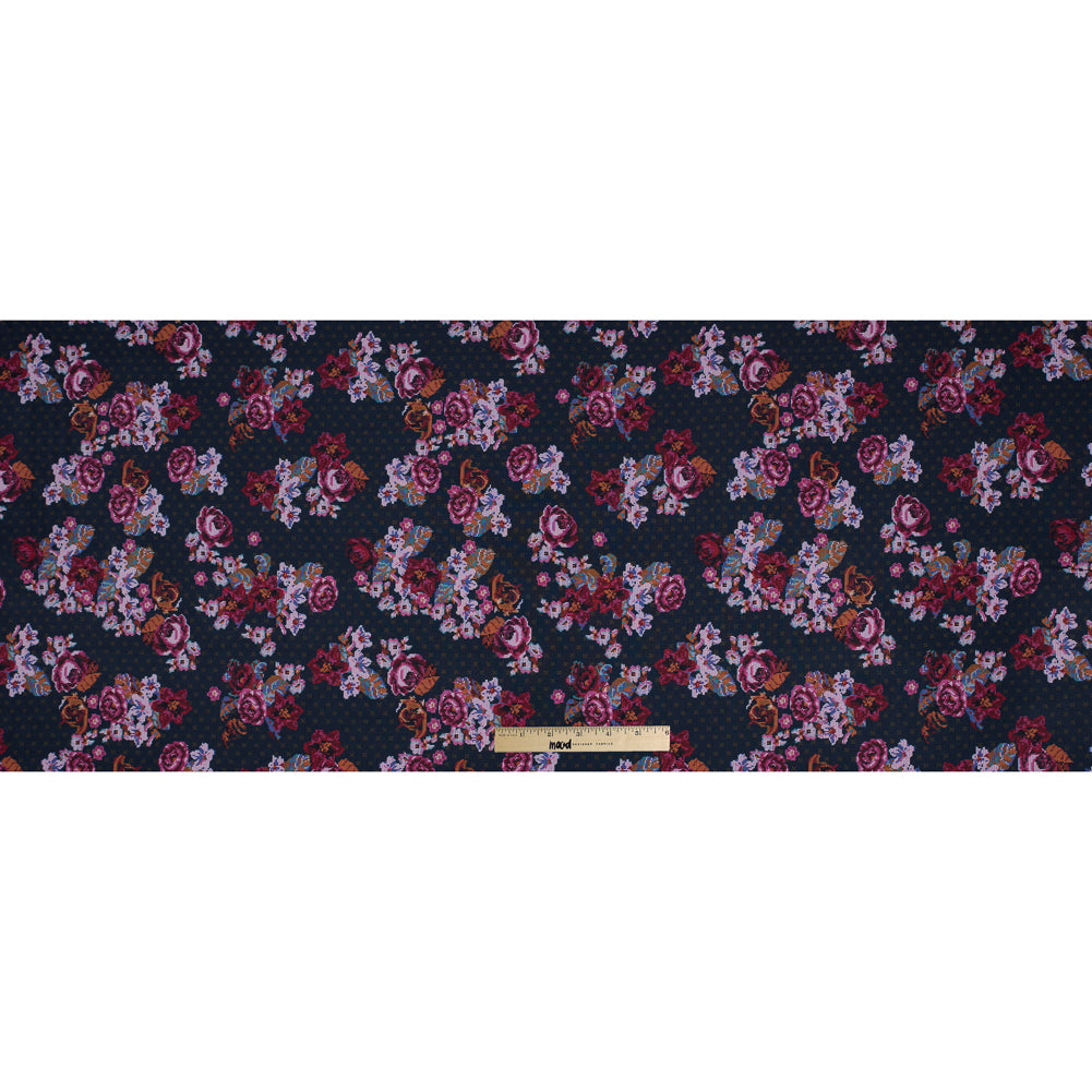 American Beauty, Nightshadow Blue and Tinsel Digital Flowers Printed on a Viscose Woven Folded