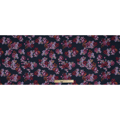 American Beauty, Nightshadow Blue and Tinsel Digital Flowers Printed on a Viscose Woven Folded