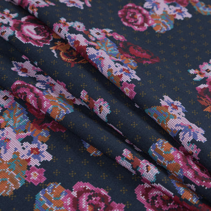 American Beauty, Nightshadow Blue and Tinsel Digital Flowers Printed on a Viscose Woven Detail