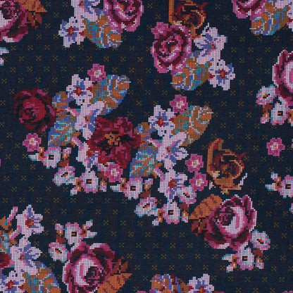 American Beauty, Nightshadow Blue and Tinsel Digital Flowers Printed on a Viscose Woven