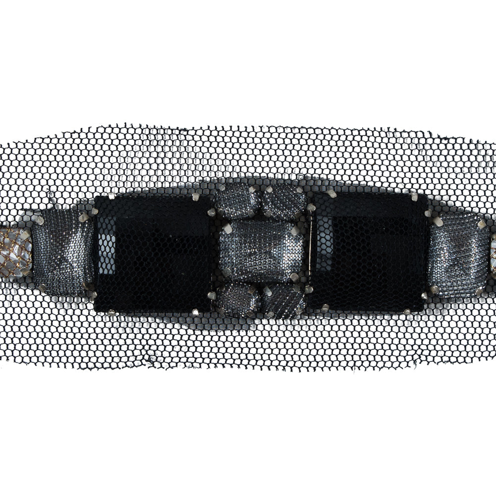 Black & Silver Mesh Covered Big Jewel Applique - 1" x 5" Detail