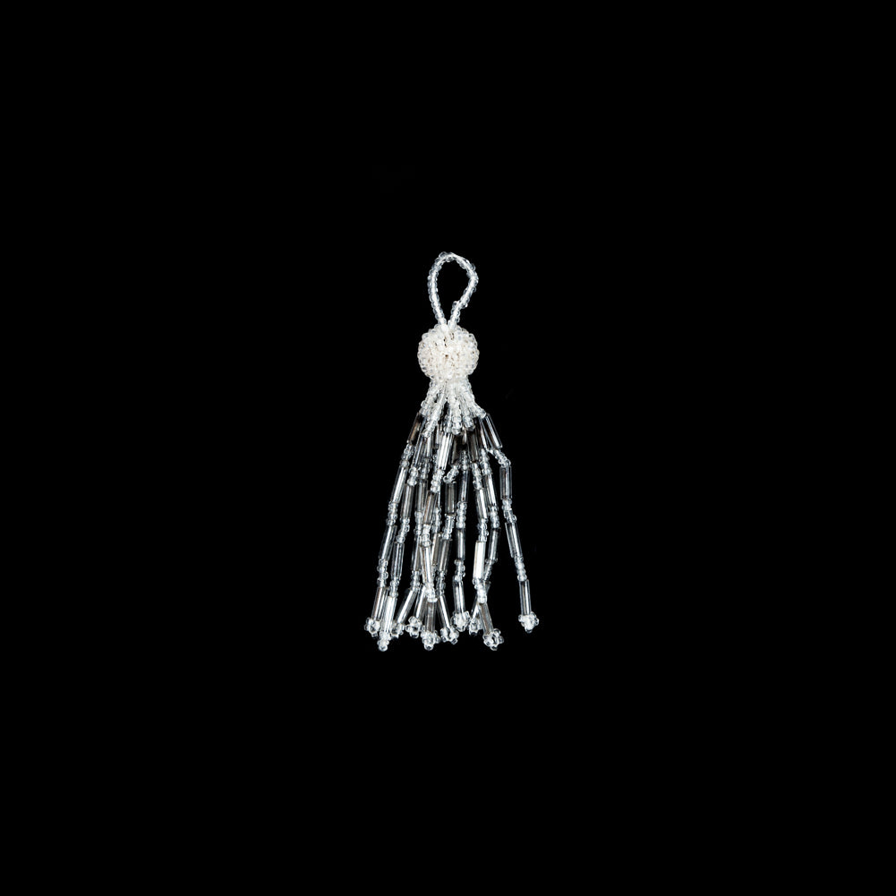 Small Ivory and Silver Beaded Tassel - 3"