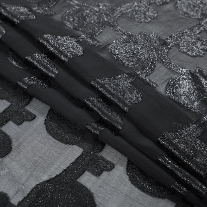 Famous NYC Designer Metallic Black Paisley Embroidered Chiffon Folded