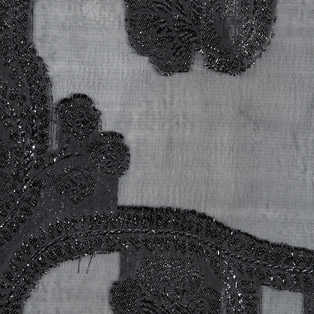 Famous NYC Designer Metallic Black Paisley Embroidered Chiffon Detail