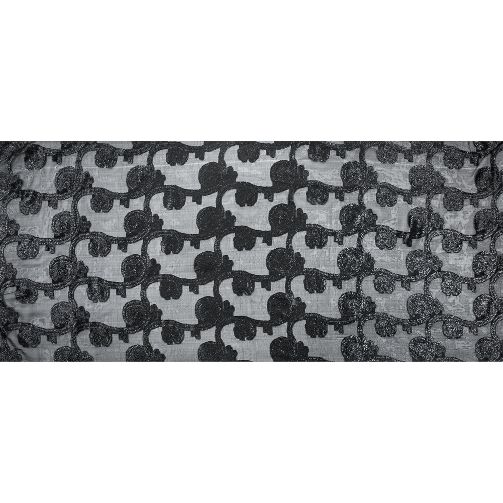 Famous NYC Designer Metallic Black Paisley Embroidered Chiffon Full