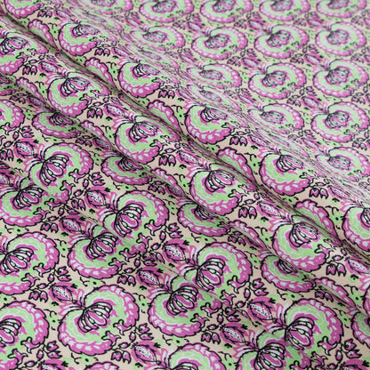 Phlox Pink and Green Flash Palmette Printed Stretch Cotton Twill Detail