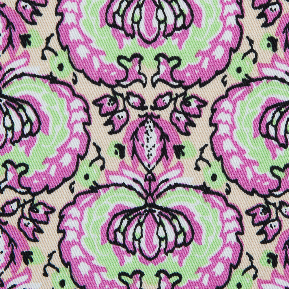 Phlox Pink and Green Flash Palmette Printed Stretch Cotton Twill Full