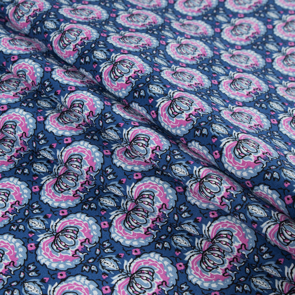 True Blue and Phlox Pink Palmette Printed Stretch Cotton Twill Detail