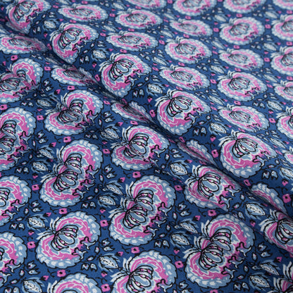 True Blue and Phlox Pink Palmette Printed Stretch Cotton Twill Detail