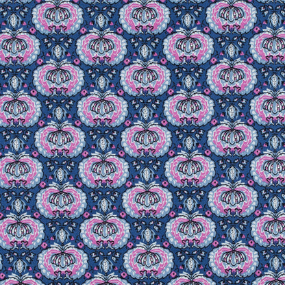 True Blue and Phlox Pink Palmette Printed Stretch Cotton Twill