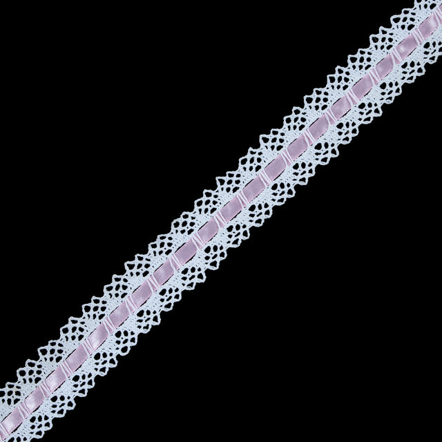 White Crochet Trim with Pink Ribbon - 1.25"