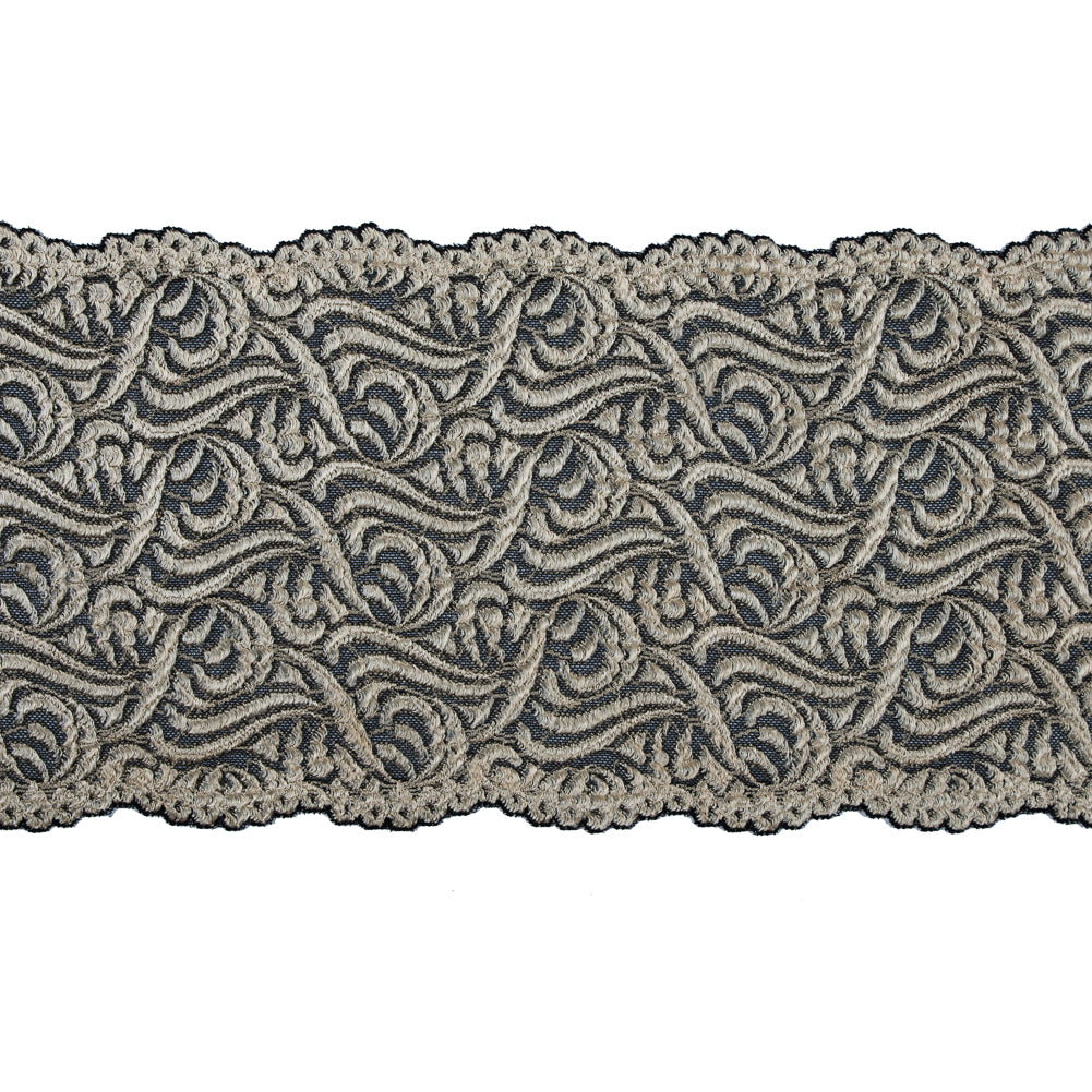 Alabaster Gleam and Black Stretch Lace Trim - 6.5"