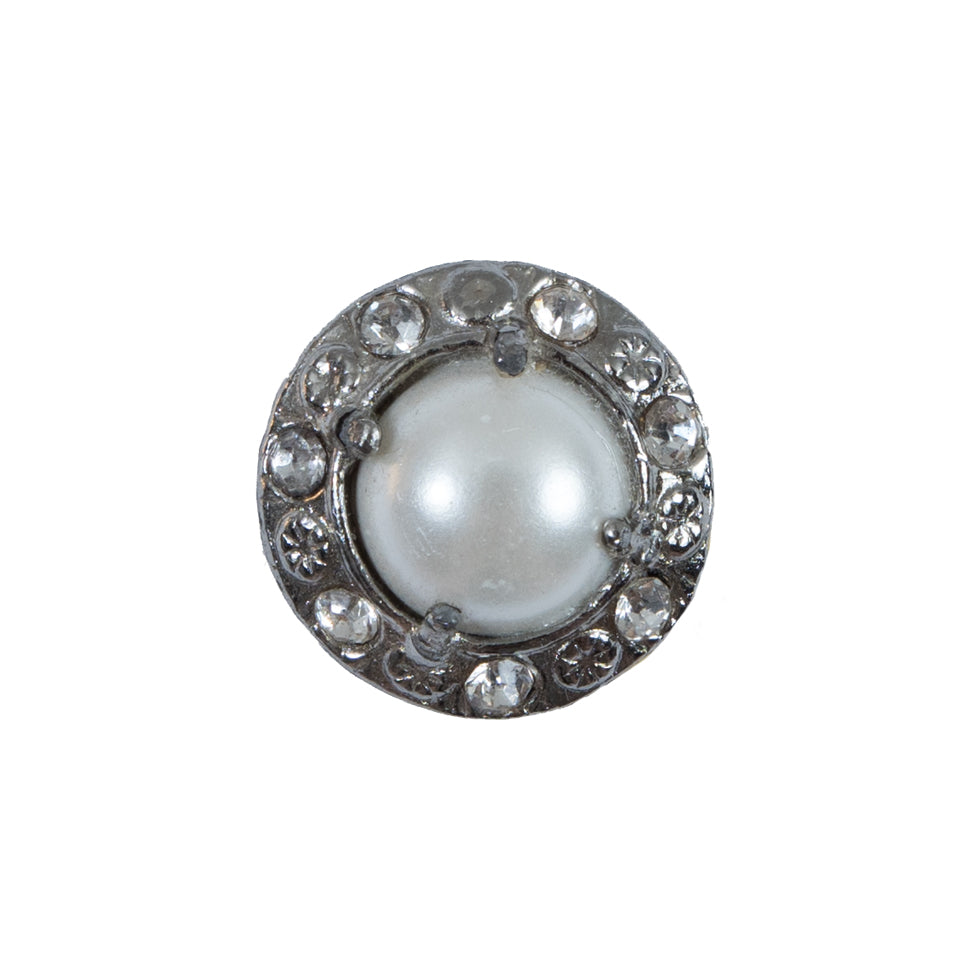 Pearl and Rhinestone Silver Metal Shank Back Button - 30L/19mm