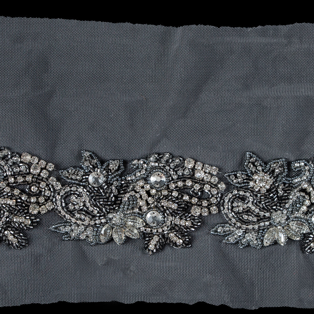 Pewter Gray Fancy Beaded Floral Rhinestone Trim - 2.5 - Detail