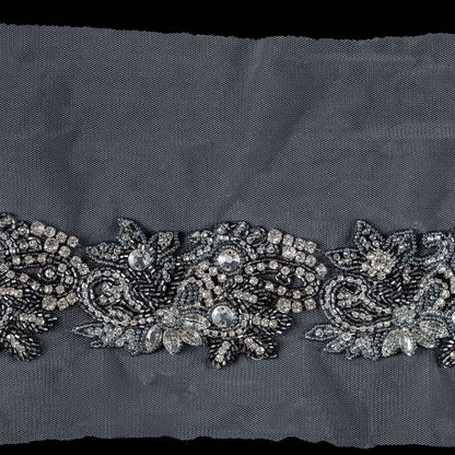 Pewter Gray Fancy Beaded Floral Rhinestone Trim - 2.5 - Detail