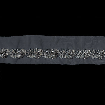 Pewter Gray Fancy Beaded Floral Rhinestone Trim - 2.5