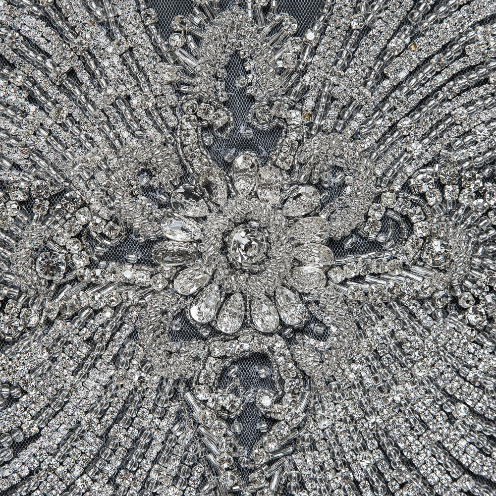 Fancy Silver Beaded Rhinestone Panel on a White Mesh - 37.5" x 19" Detail
