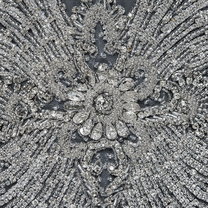 Fancy Silver Beaded Rhinestone Panel on a White Mesh - 37.5" x 19" Detail