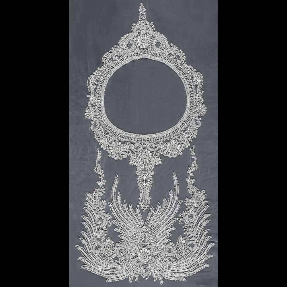 Fancy Silver Beaded Rhinestone Panel on a White Mesh - 37.5" x 19"