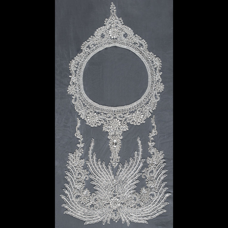 template--25130090922057__main-Fancy Silver Beaded Rhinestone Panel on a White Mesh - 37.5" x 19"