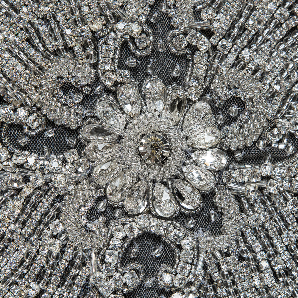 Fancy Silver Beaded Rhinestone Panel on a Nude Mesh - 37.5" x 19" Detail