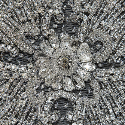 Fancy Silver Beaded Rhinestone Panel on a Nude Mesh - 37.5" x 19" Detail