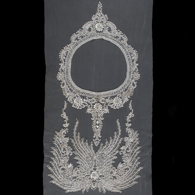 Fancy Silver Beaded Rhinestone Panel on a Nude Mesh - 37.5" x 19"