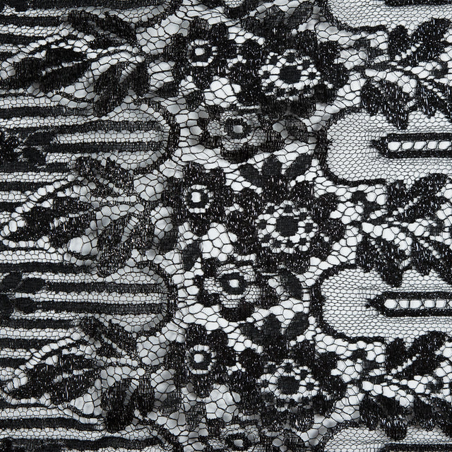 Metallic Lace with Eyelash Fringe Edges - Black Striped Floral - Made in France