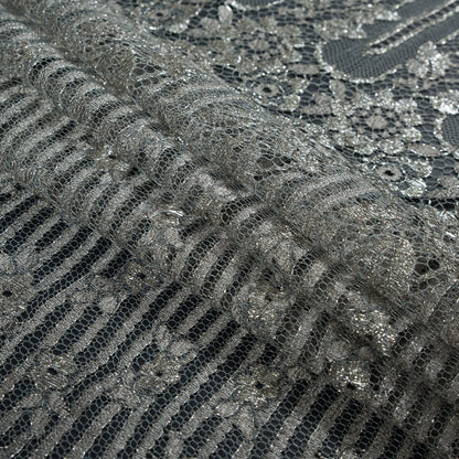 Metallic Lace with Eyelash Fringe Edges - Aqua Gray and Silver Striped Floral - Made in France Folded