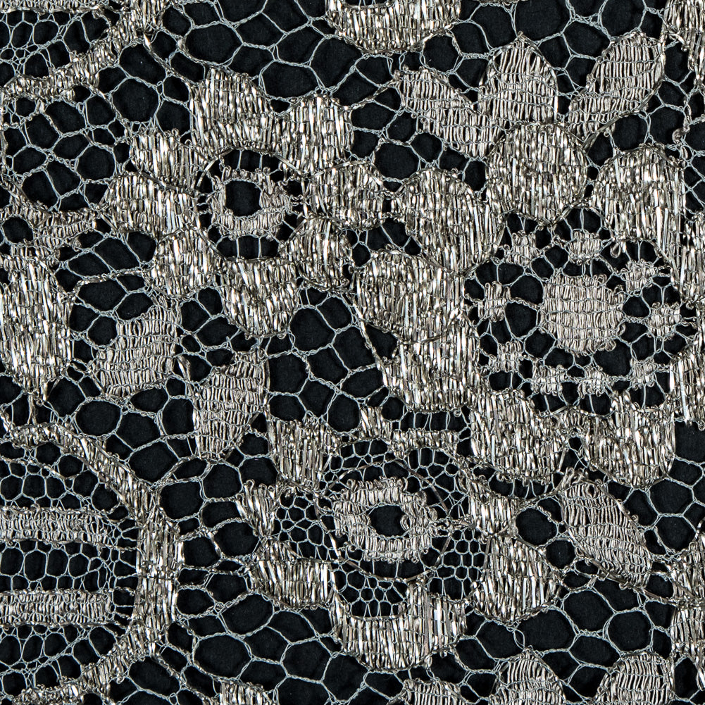Metallic Lace with Eyelash Fringe Edges - Aqua Gray and Silver Striped Floral - Made in France Detail
