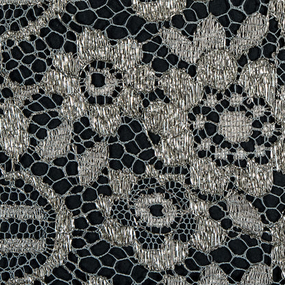 Metallic Lace with Eyelash Fringe Edges - Aqua Gray and Silver Striped Floral - Made in France Detail