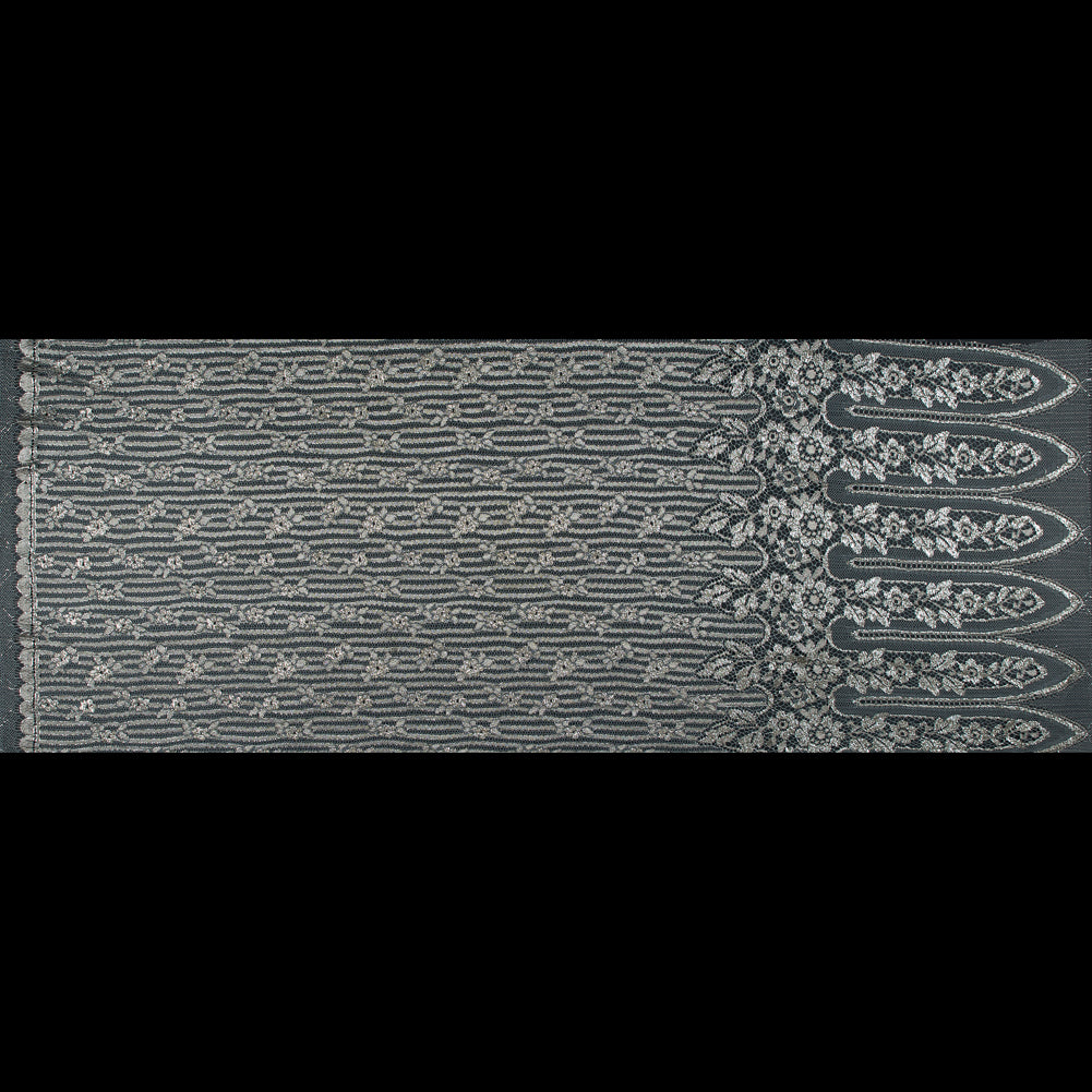 Metallic Lace with Eyelash Fringe Edges - Aqua Gray and Silver Striped Floral - Made in France Full